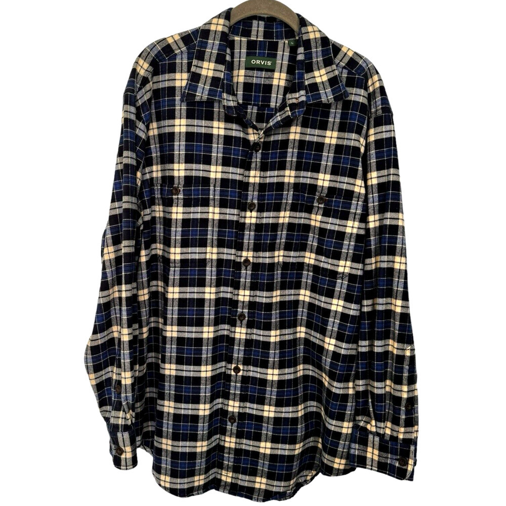 Orvis Perfect Flannel Shirt Men’s Sz L Long Sleeve Shacket Blue Plaid Pockets